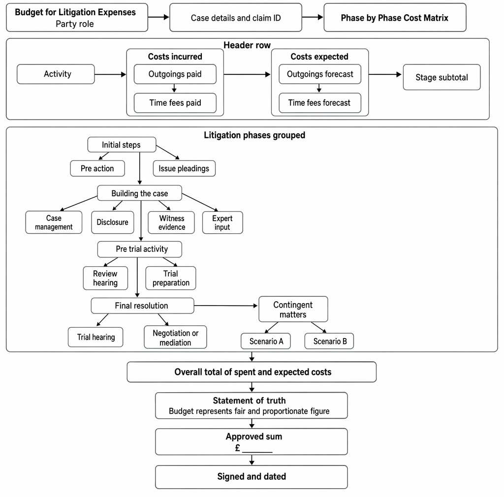 Components of a civil litigation costs budget, including phase-by-phase incurred and estimated costs, totals, statement of truth and approved figure.