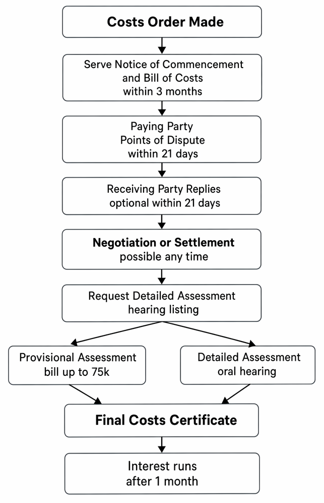 Detailed assessment of costs under the CPR, from costs order and commencement to provisional or oral assessment, final costs certificate, and interest.
