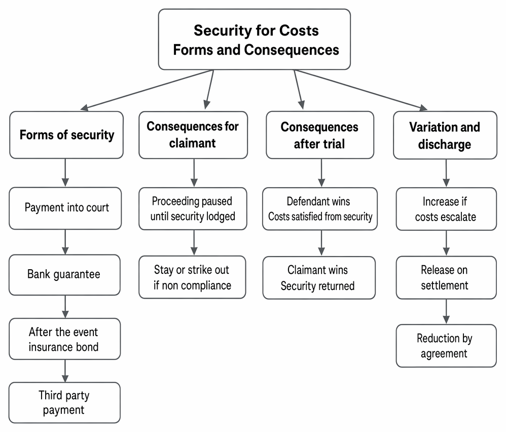 Security for costs: forms of security, consequences of non-compliance and post-trial outcome, and variation or discharge of security.