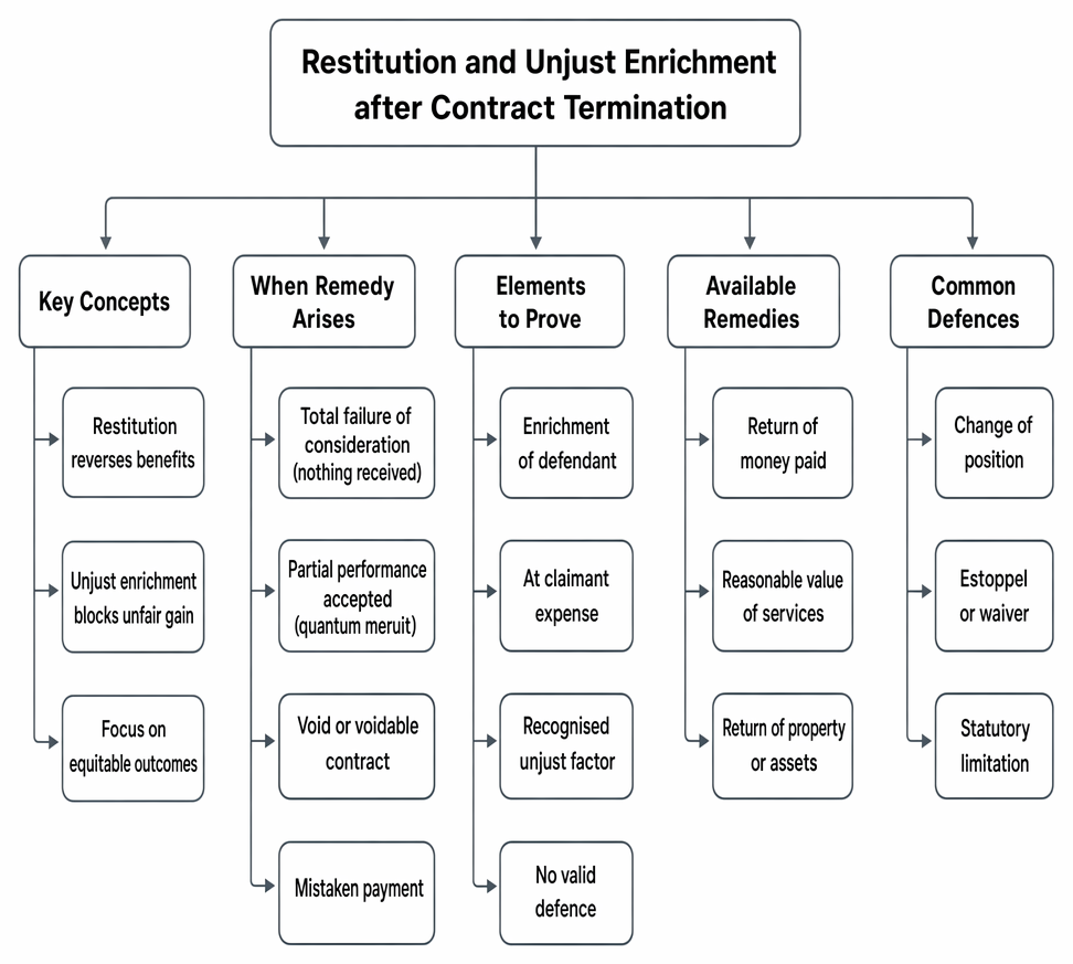 Restitution and unjust enrichment after contract termination: principal grounds of claim, elements, remedies, and defences.