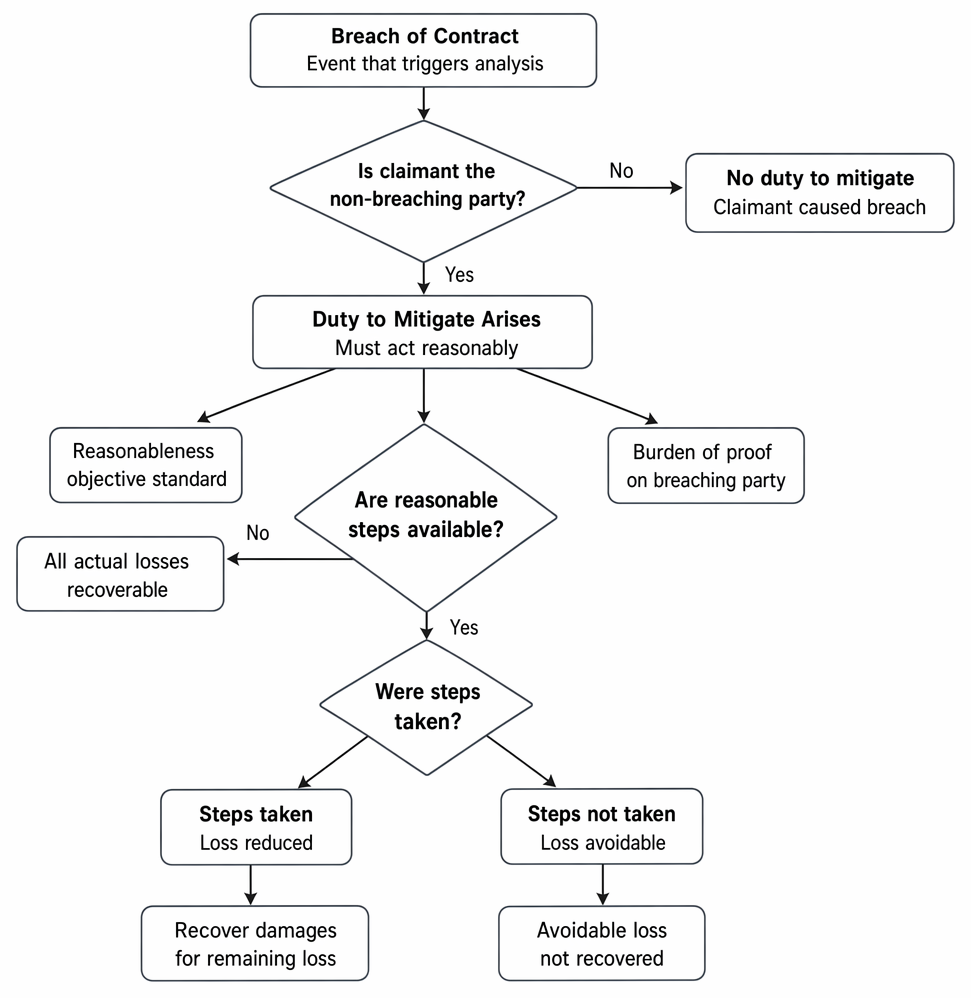 Duty to mitigate after breach of contract, covering the non-breaching party, reasonable steps, burden of proof, and limits on recoverable damages.