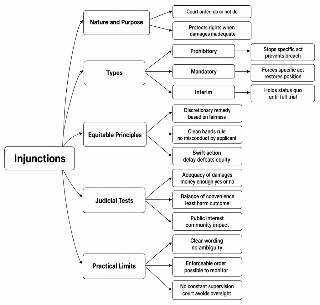 Injunctions in contract law: nature, purpose, types, equitable principles, judicial tests, and practical limits.