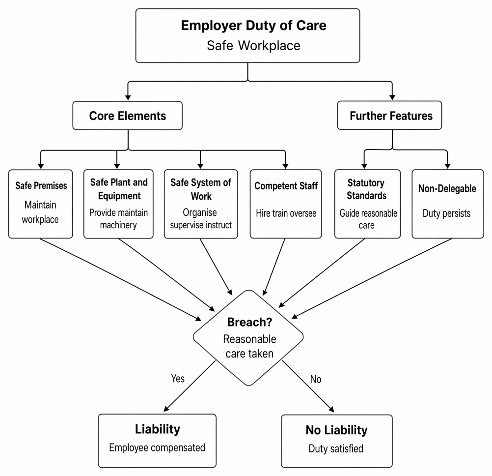 Employer's primary duty to provide a safe workplace, including core elements, statutory standards, non-delegable character, and breach leading to liability.