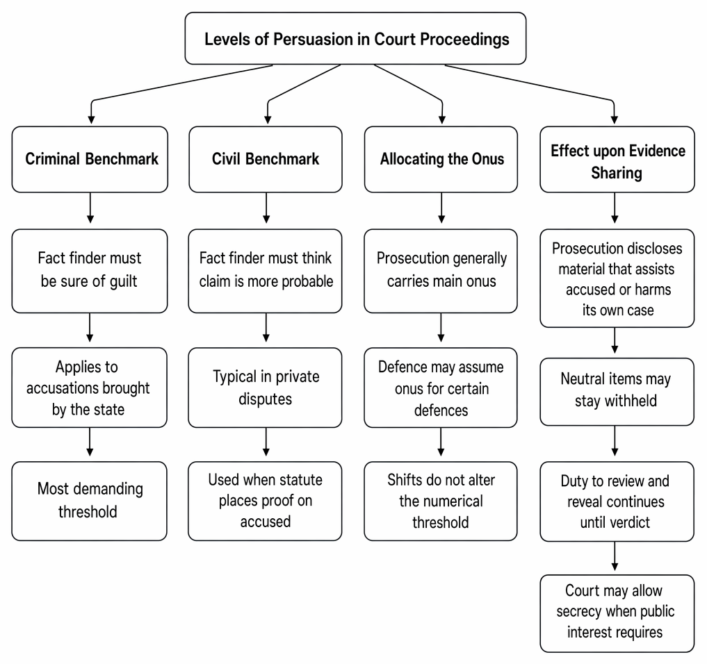 Civil and criminal standards of proof, allocation of the burden of proof, and related prosecution disclosure duties.
