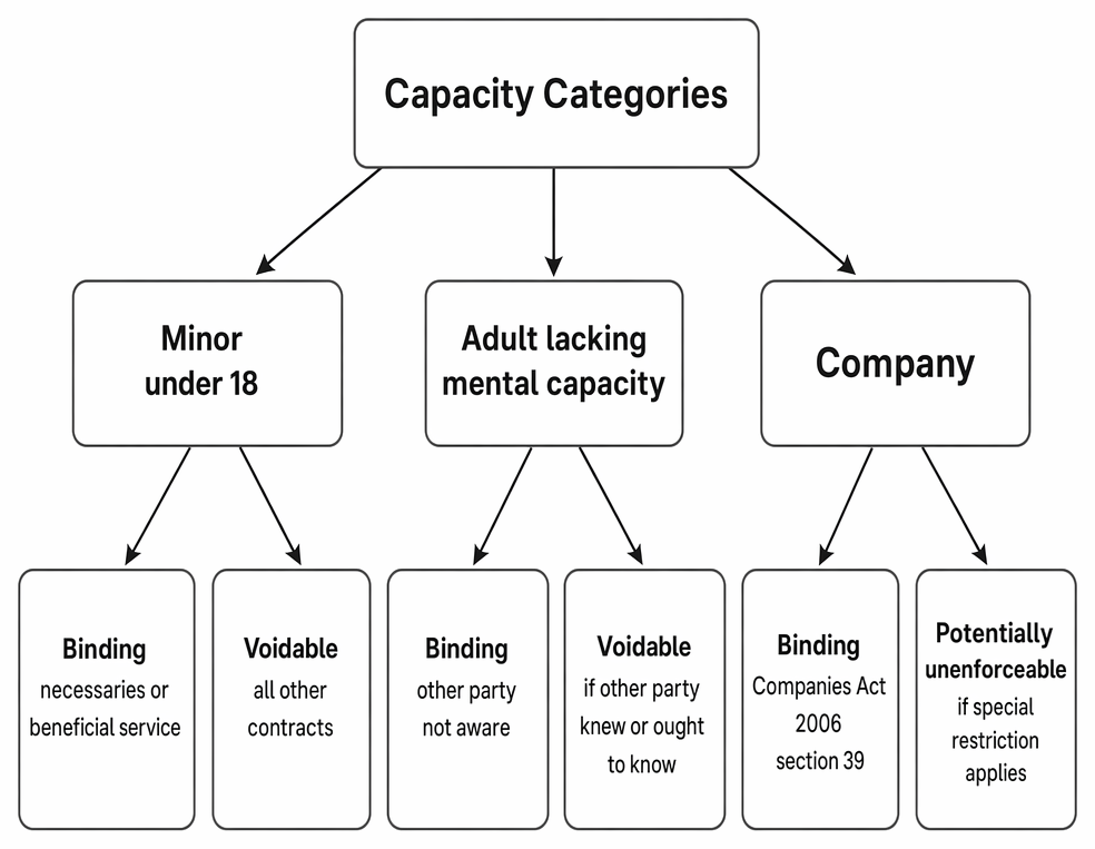 Contractual capacity categories for minors, adults lacking mental capacity, and companies, with principal binding, voidable, and potentially unenforceable outcomes.