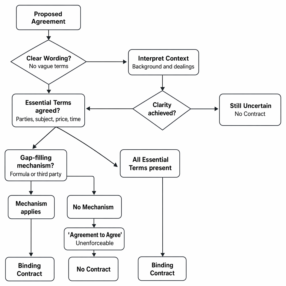 Assessment of certainty in contract formation, including clarity, essential terms, contextual interpretation, gap-filling mechanisms, and unenforceable agreements to agree.