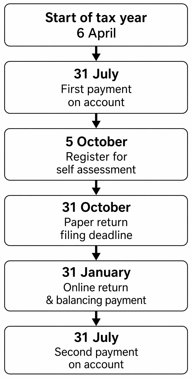 Key UK self assessment dates for the income tax year, including registration, return filing deadlines, balancing payment, and payments on account.