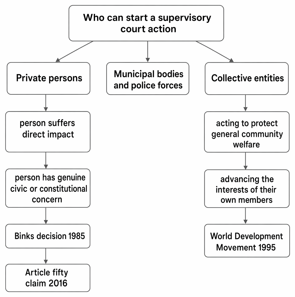 Judicial review standing: sufficient interest of individuals, local authorities, police forces and representative bodies, with leading case examples.