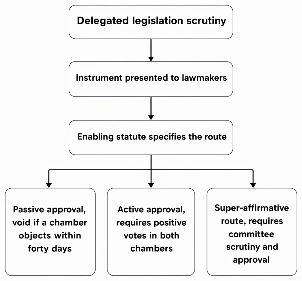 Parliamentary scrutiny of delegated legislation under the enabling statute, from laying before Parliament to negative or affirmative resolution.
