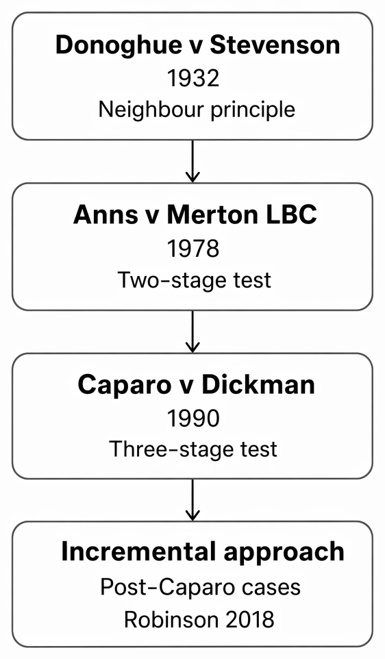 Development of tests for novel duties of care in negligence from Donoghue v Stevenson to Robinson.