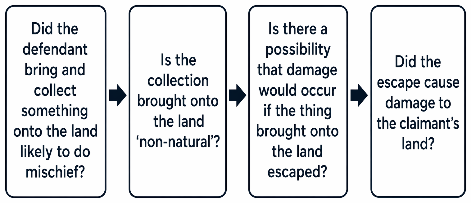 Interference with land classified as private nuisance, liability under Rylands v Fletcher, or negligence.