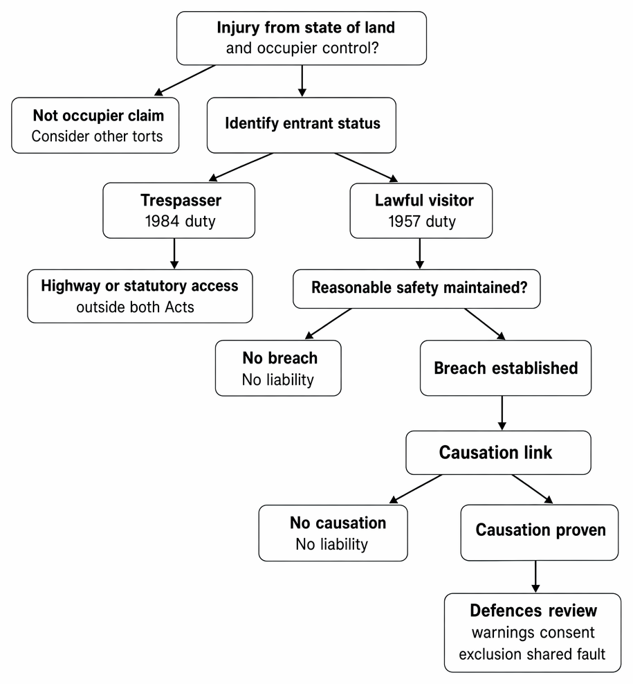 Occupiers’ liability for injuries arising from the state of premises: occupier control, entrant status, breach, causation, defences, and claims outside the 1957 Act.