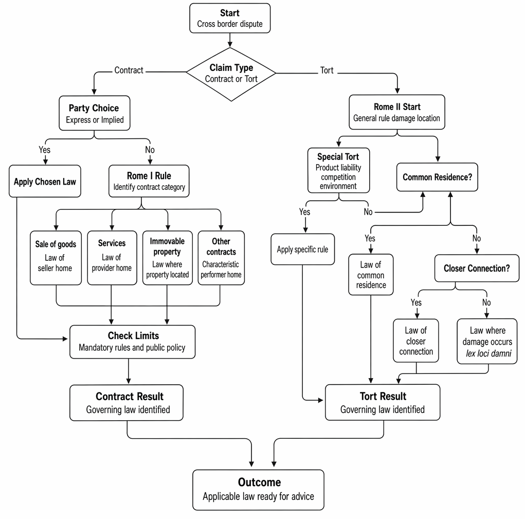 Choice-of-law steps for cross-border contractual and tortious claims under Rome I and Rome II, including party choice and connecting factors.