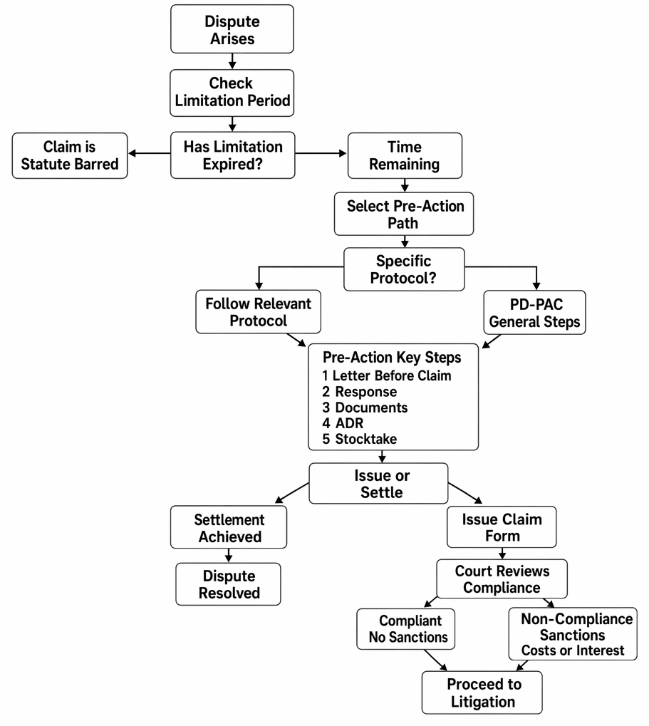 Pre-action sequence covering limitation, selection of the applicable protocol, key PD-PAC steps, settlement or issue of the claim form, and compliance sanctions.
