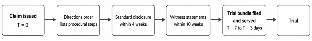 Civil litigation timetable from issue of claim to trial, showing disclosure, witness statements, and filing and service of the trial bundle.