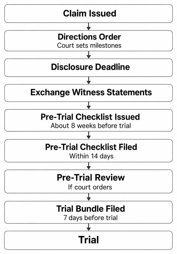 Sequence of civil case management steps from issue of the claim to trial, including disclosure, witness statements, pre-trial checklist, and trial bundle.