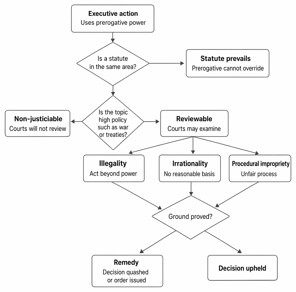 Judicial control of prerogative powers: statutory displacement, non-justiciability in high policy, and review on illegality, irrationality, or procedural impropriety.