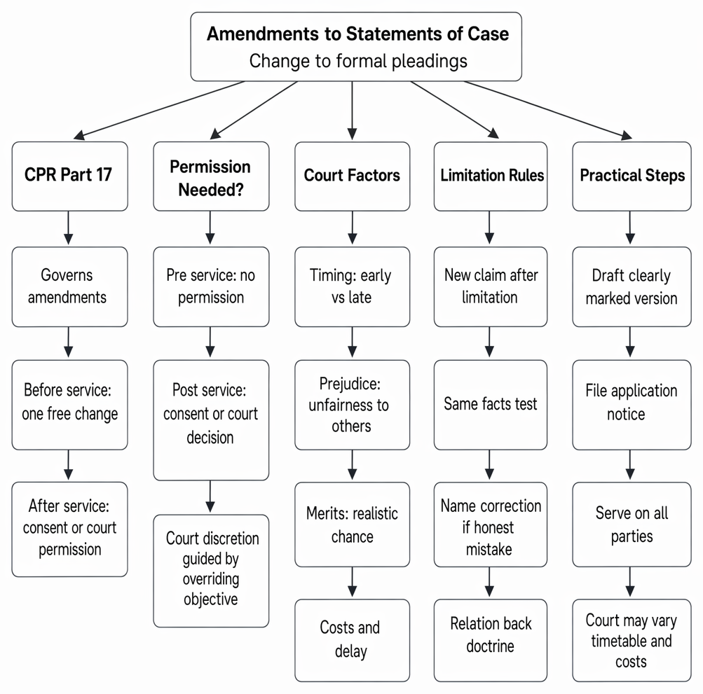 Key rules and factors governing amendments to statements of case under CPR Part 17, including permission, limitation, and procedural steps.