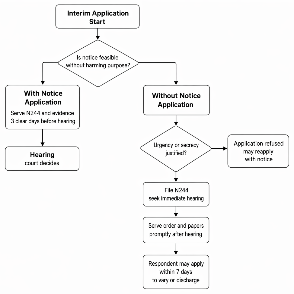 Procedural routes for interim applications with notice and without notice under CPR Part 23, including service, urgent hearings, and variation.