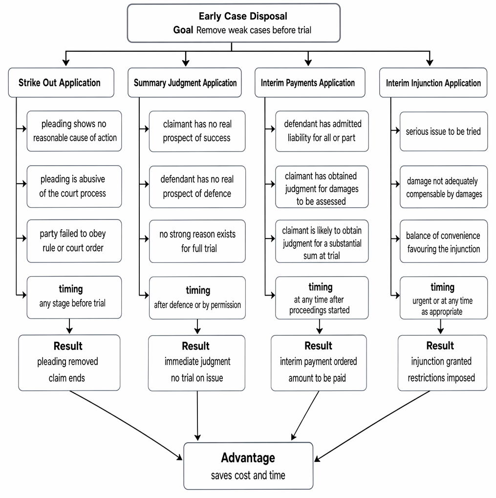 Early case disposal applications: strike out and summary judgment, including grounds, timing, and procedural outcomes in civil proceedings.
