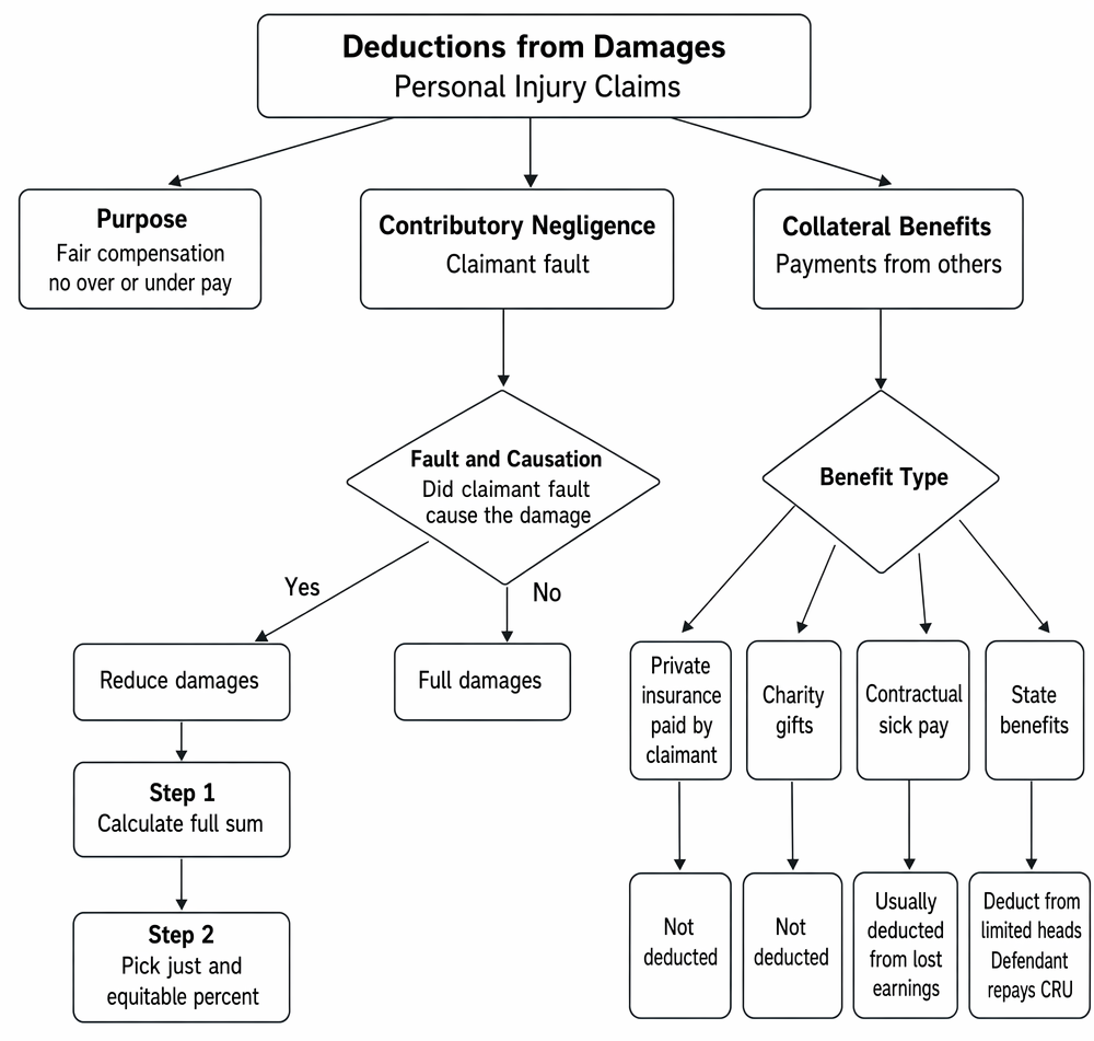 Deductions from damages in personal injury claims, covering contributory negligence, collateral benefits, and the treatment of state benefits under the CRU scheme.