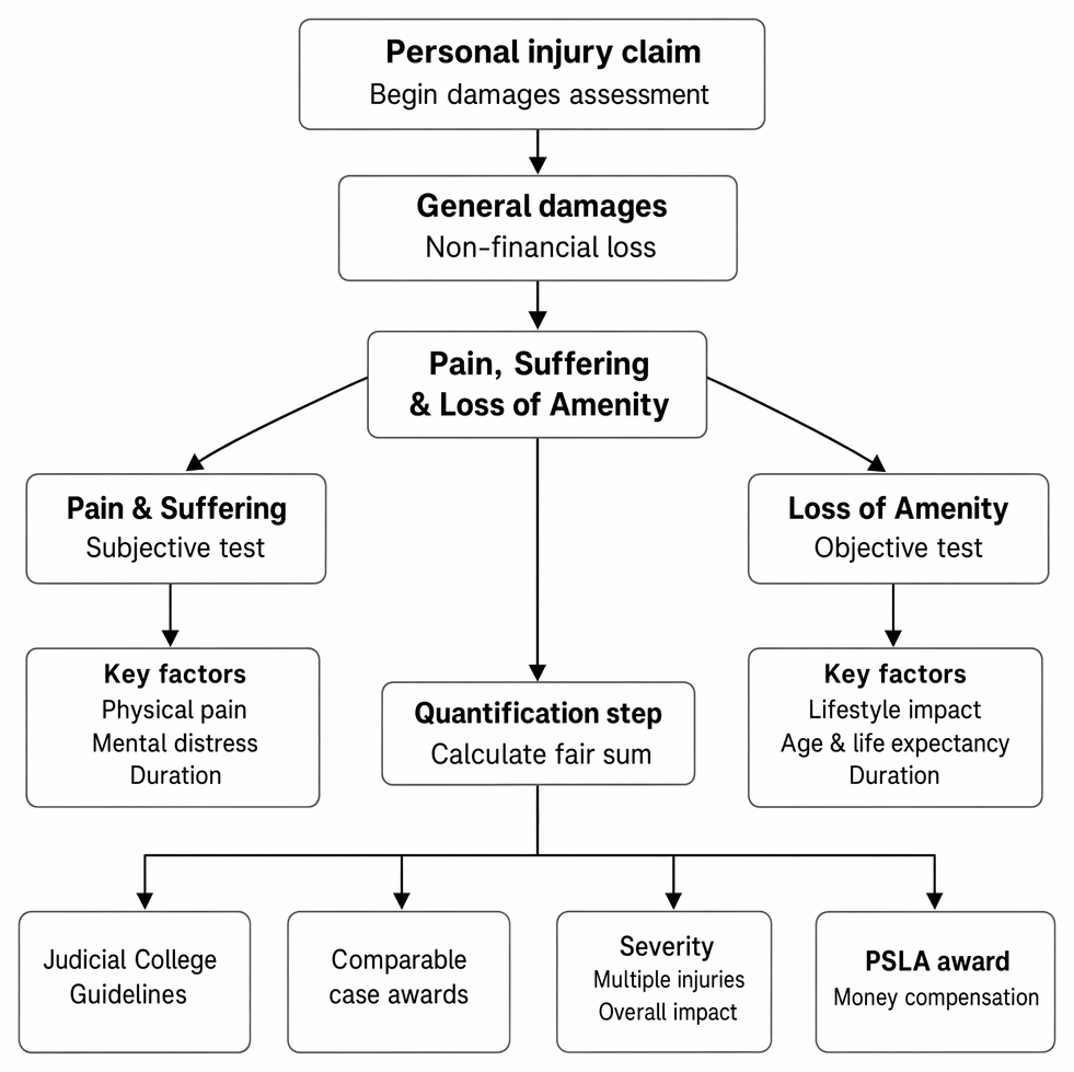 Assessment of PSLA general damages in personal injury claims, including subjective and objective tests, relevant factors, and quantification by guidelines and comparable awards.