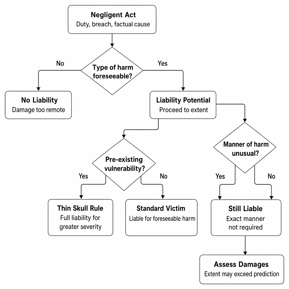 Remoteness of damage in negligence: foreseeability of the kind of harm, its extent, thin skull liability, and manner of occurrence