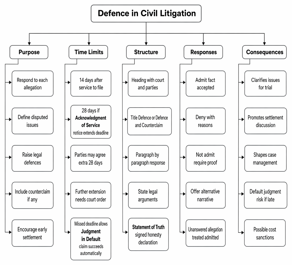 Purpose, time limits, structure, response options, and procedural consequences of a defence in civil litigation.