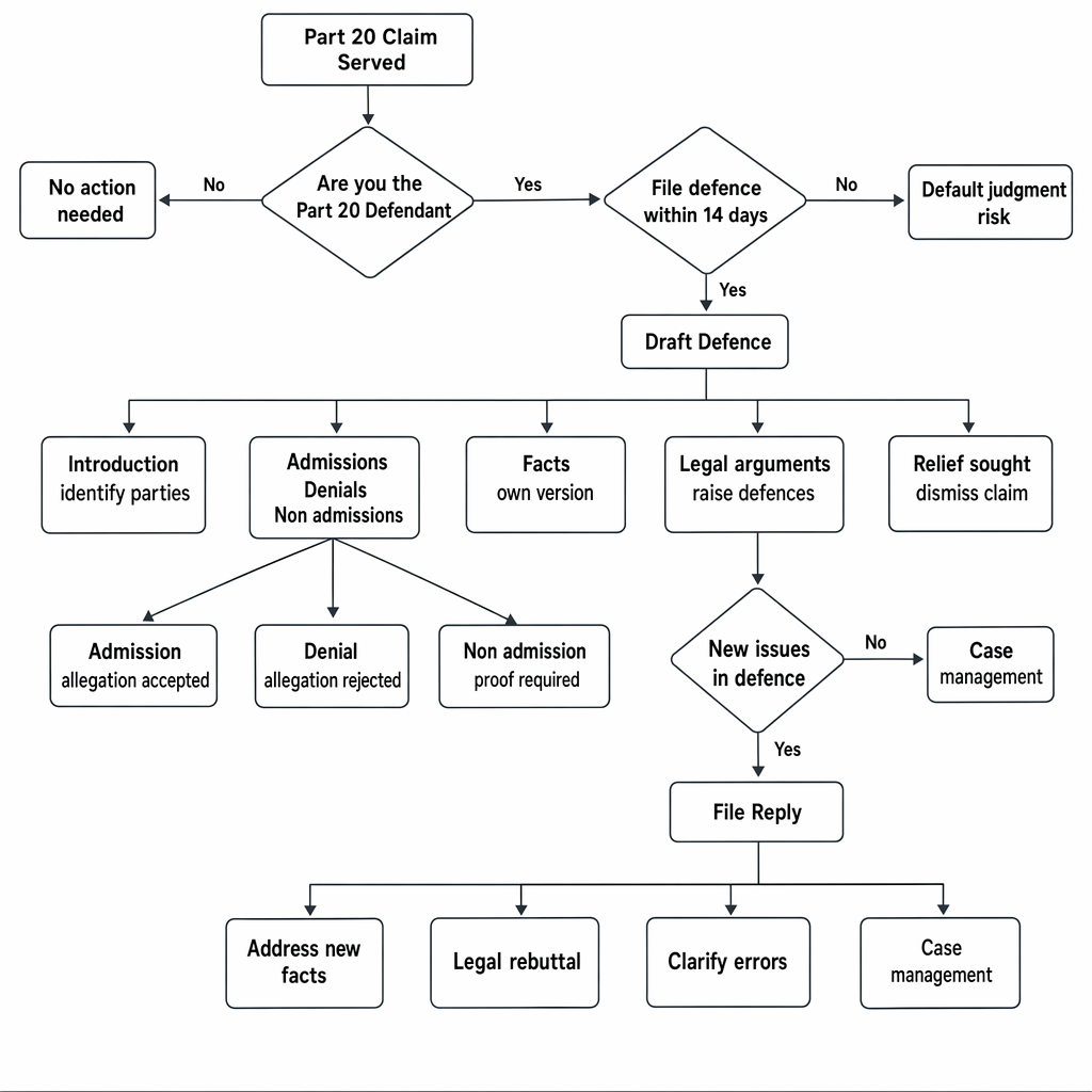 Procedural steps and pleading elements for a Part 20 defendant responding to a Part 20 claim, including defence, reply, and default judgment risk.