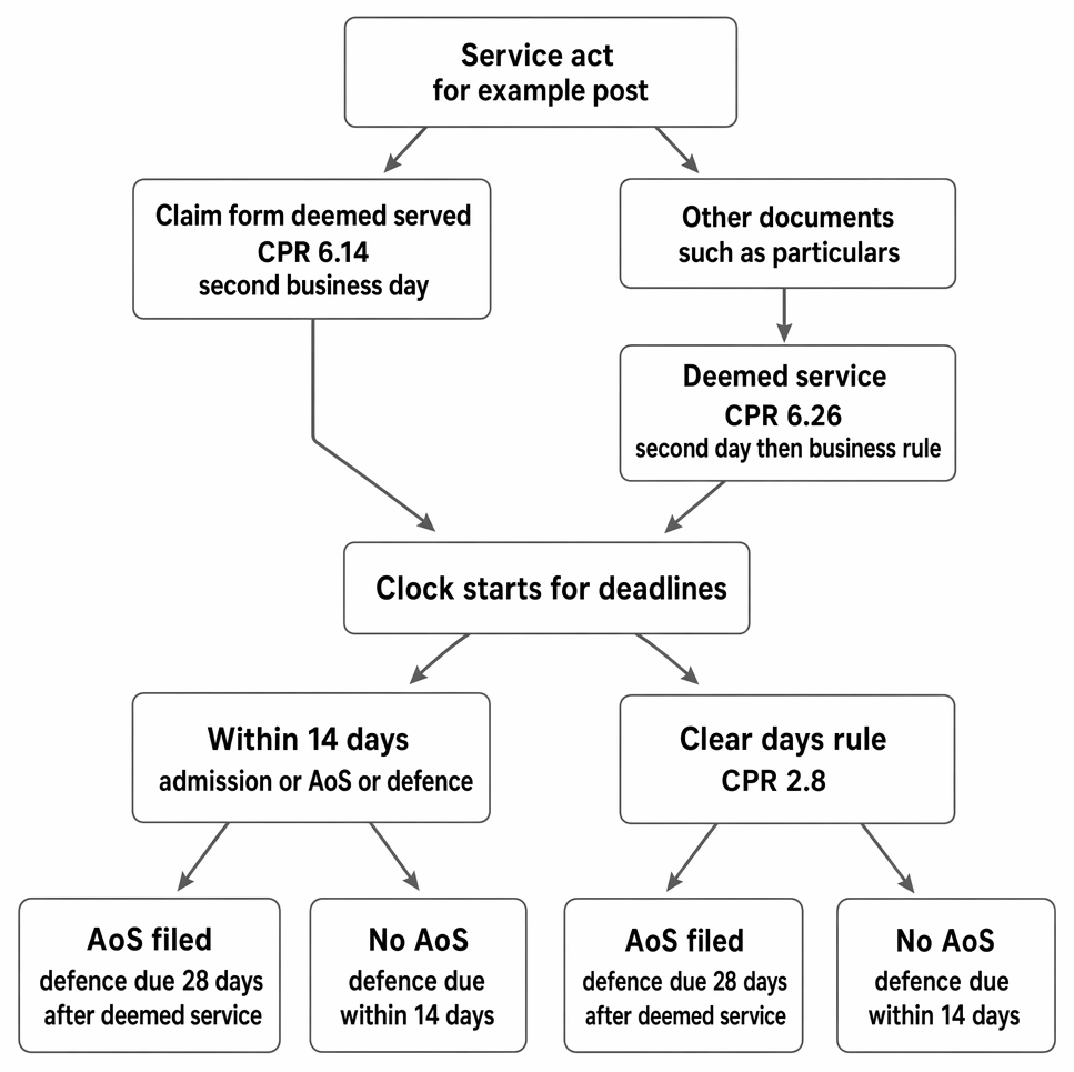 CPR time limits from service of claim documents to acknowledgment of service, admission, and defence, including deemed service and clear days.