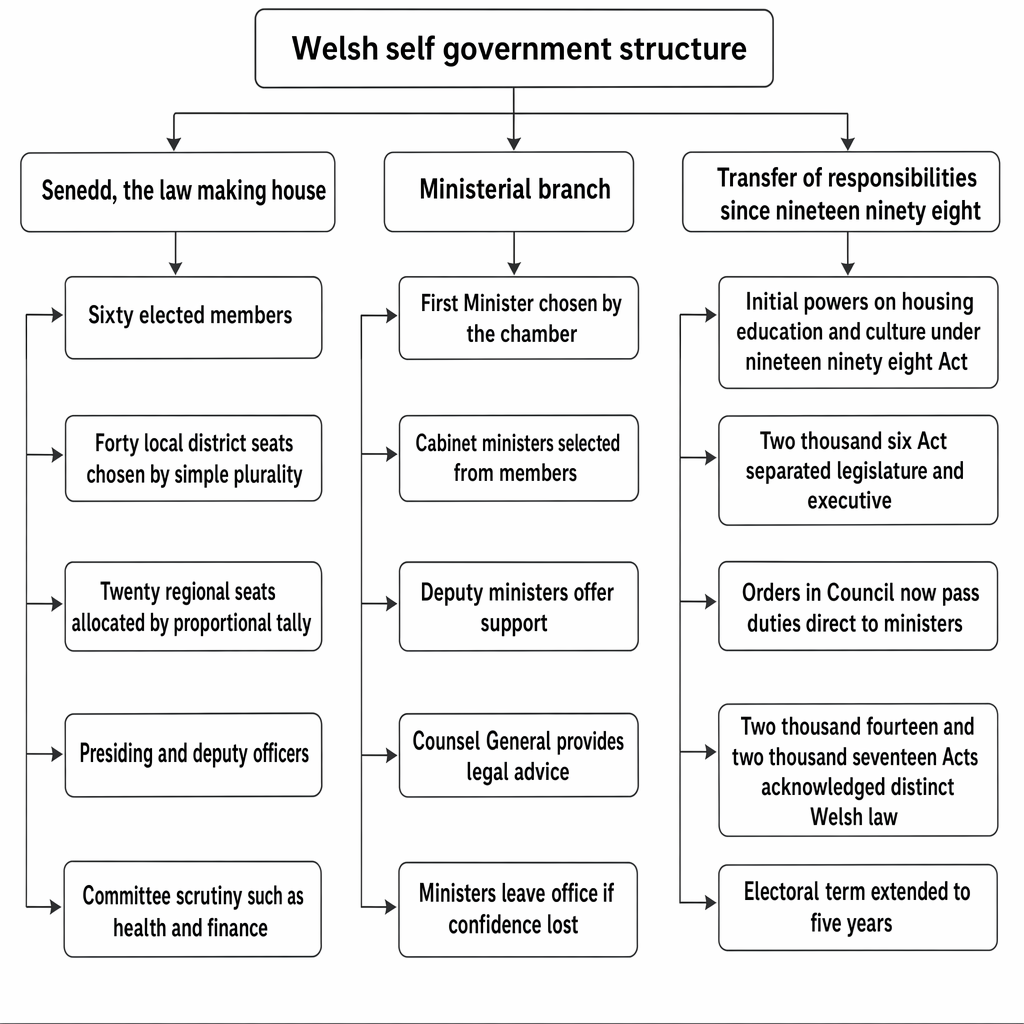 Institutional structure of Welsh devolved government, including the Senedd, Welsh Ministers, electoral composition, scrutiny functions, and statutory development since 1998.
