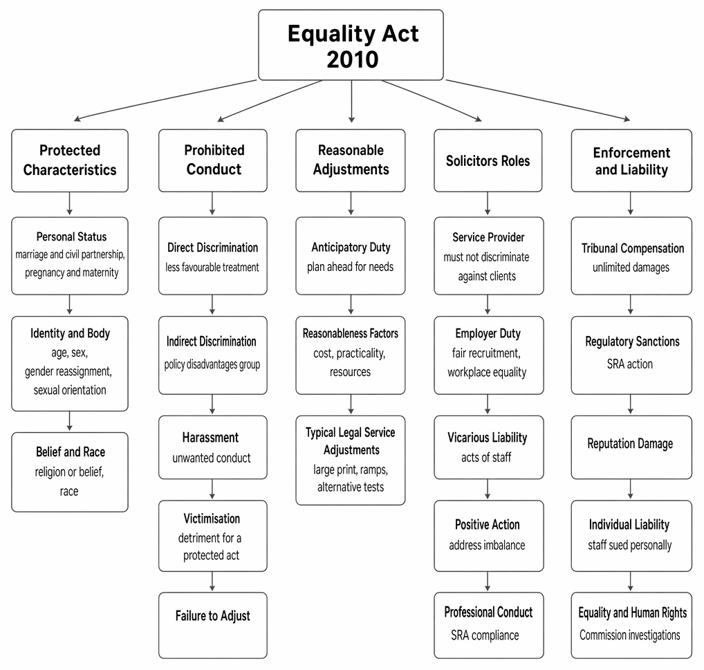 Equality Act 2010 application to legal services: protected characteristics, prohibited conduct, reasonable adjustments, solicitors’ duties, and enforcement and liability.