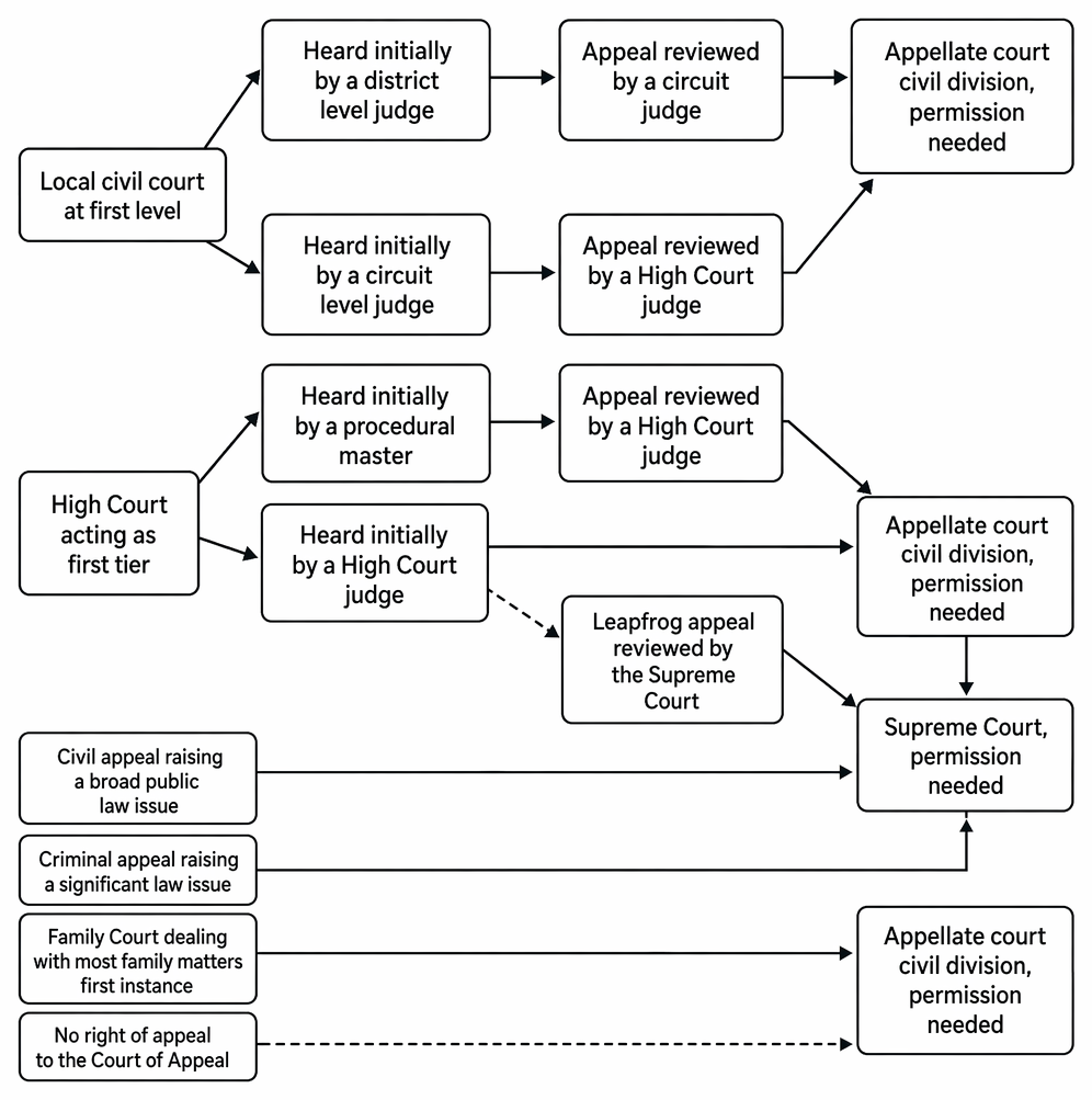 Civil and family appeal routes in England and Wales from first-instance courts to the Court of Appeal and, in limited cases, the Supreme Court.
