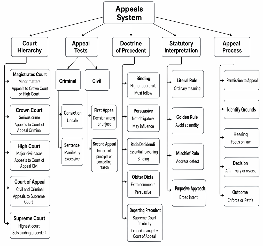 Appeals system in England and Wales: court hierarchy, appeal tests, precedent, statutory interpretation, and appellate process.