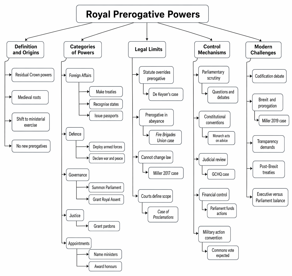 Royal prerogative powers, including their definition and origins, principal categories, legal limits, control mechanisms, and contemporary constitutional issues.