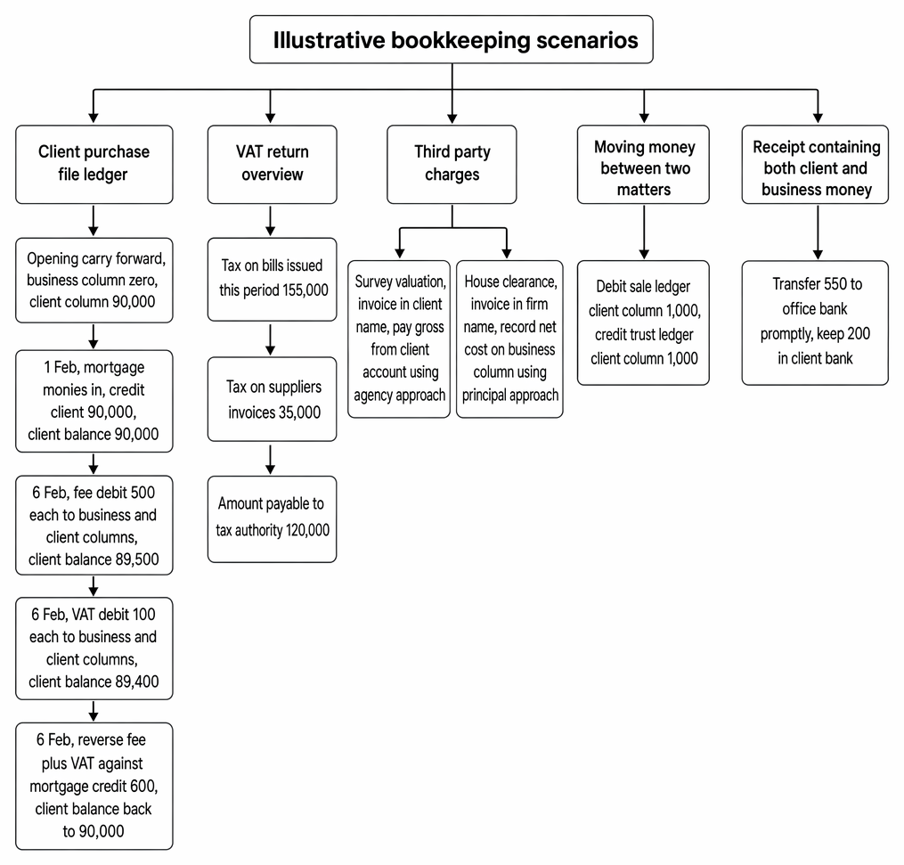 Illustrative bookkeeping scenarios covering VAT return calculations, client ledger entries, third party charges, inter-matter transfers and mixed client-business receipts.