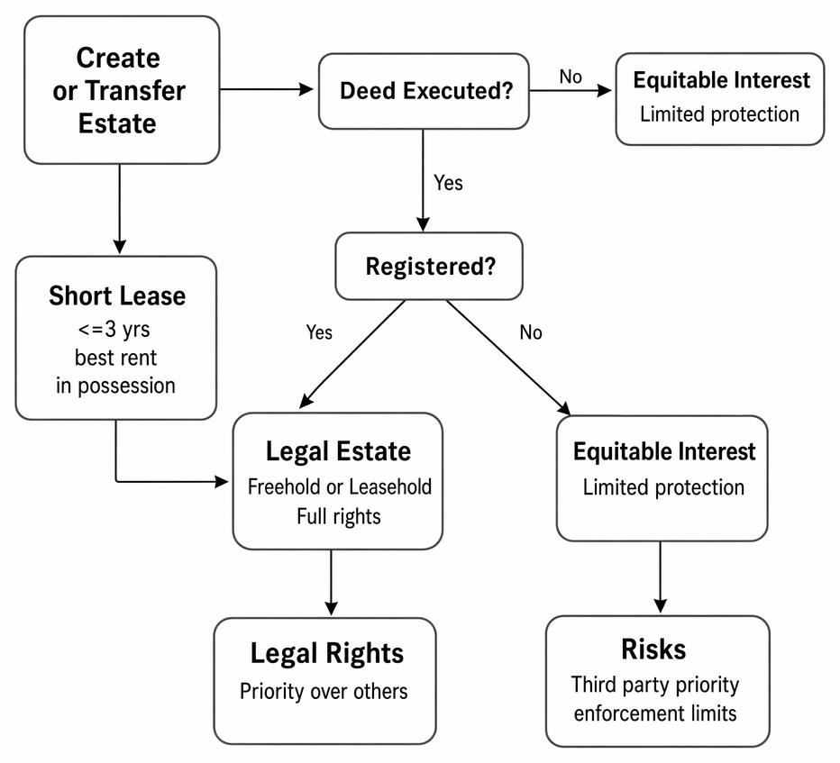 Creation or transfer of legal estates in land by deed and registration, including the short-lease exception and equitable interests on non-compliance.