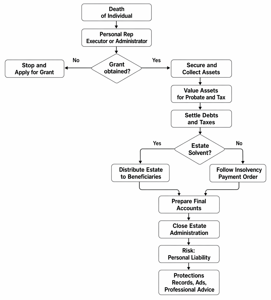 Administration of estates by personal representatives from death through grant of representation, asset collection, debt payment, distribution, final accounts, and liability protections.