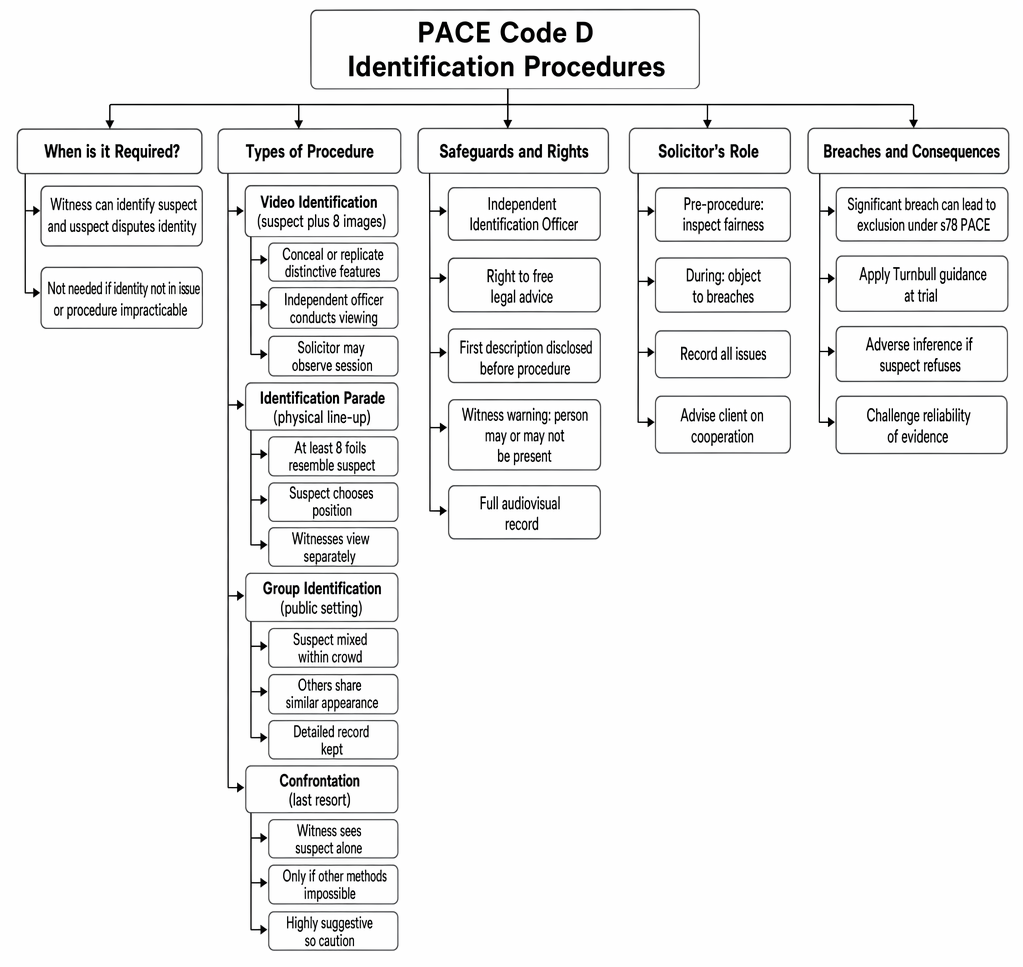 PACE Code D identification procedures: when required, available methods, safeguards, solicitor's role, and consequences of breach.