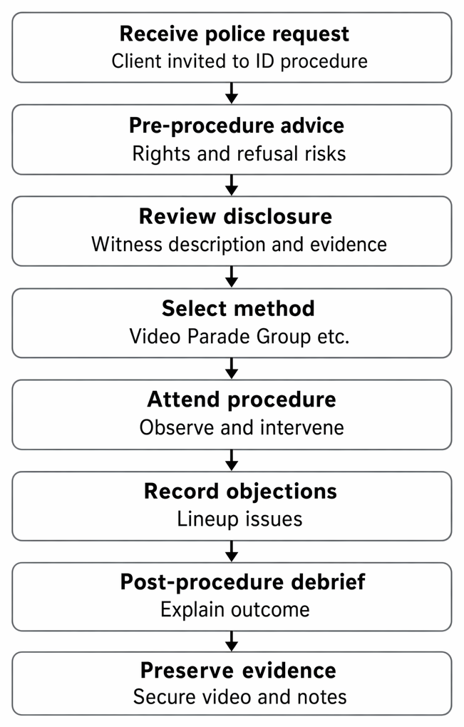 Legal adviser’s steps on a police request for a Code D identification procedure, from advice and disclosure review to evidence preservation.
