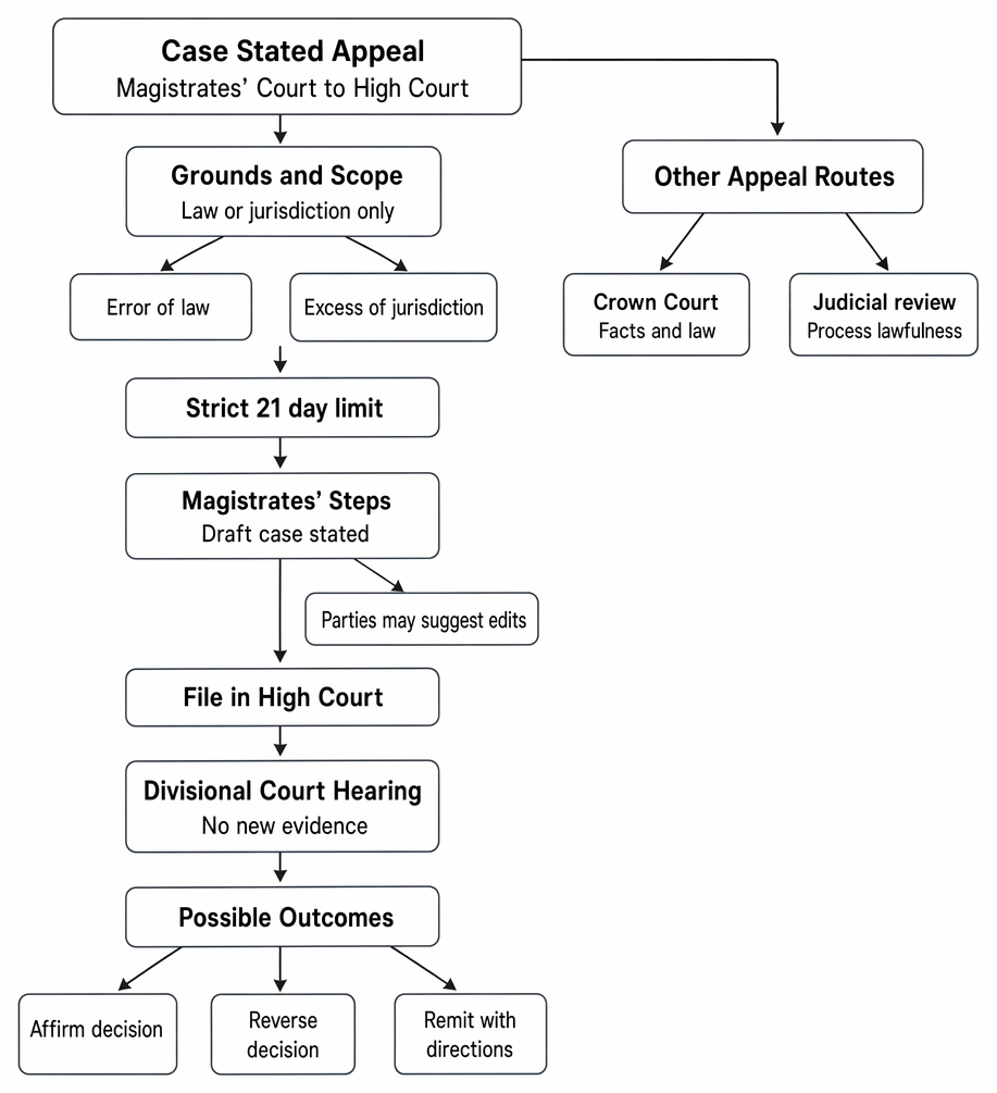 Appeals by way of case stated from the Magistrates' Court to the High Court: grounds, 21-day time limit, steps, outcomes, and alternative routes.