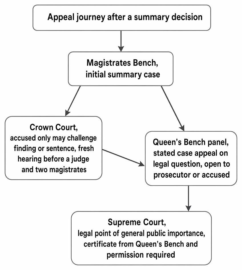 Appeal routes from a magistrates’ court decision: rehearing in the Crown Court, case stated to the Divisional Court, and appeal to the Supreme Court.