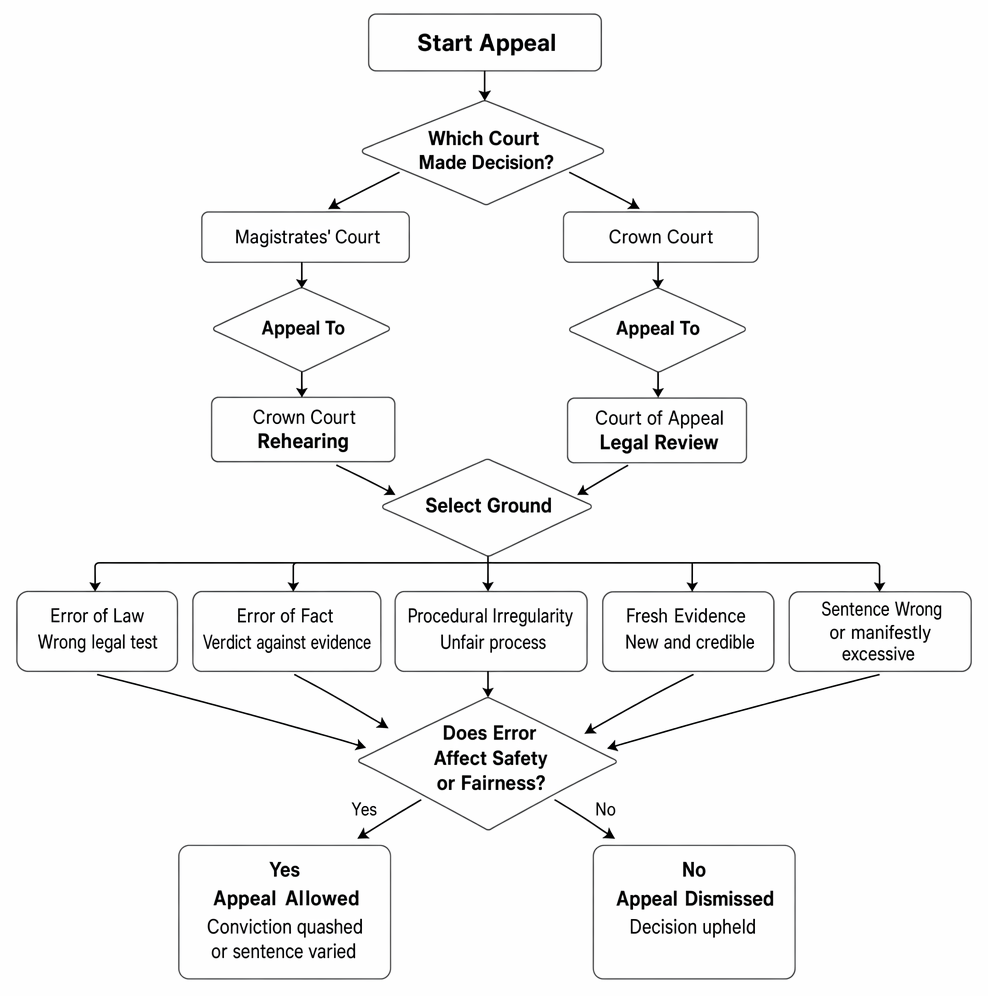 Criminal appeal routes and grounds for appeal from magistrates' courts and the Crown Court in England and Wales.