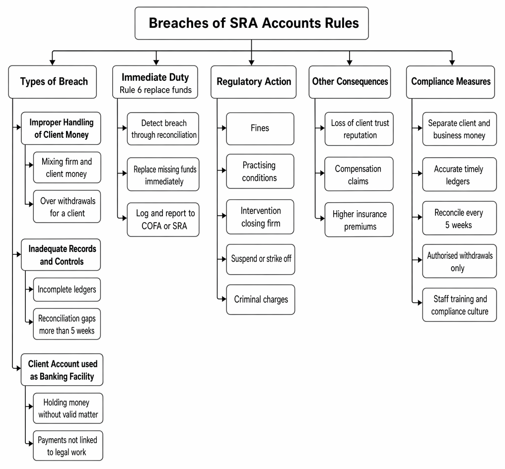 Breaches of the SRA Accounts Rules: principal forms of non-compliance, immediate remedial duties under Rule 6, regulatory sanctions, other consequences, and compliance measures.