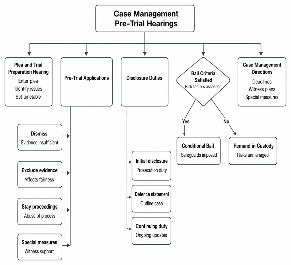 Criminal case management and pre-trial hearings, including PTPH functions, pre-trial applications, disclosure duties, bail decisions, and case management directions