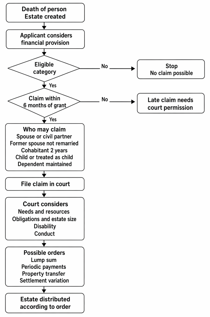 Claims under the Inheritance (Provision for Family and Dependants) Act 1975, including eligibility, six-month time limit, judicial factors, and orders altering estate distribution