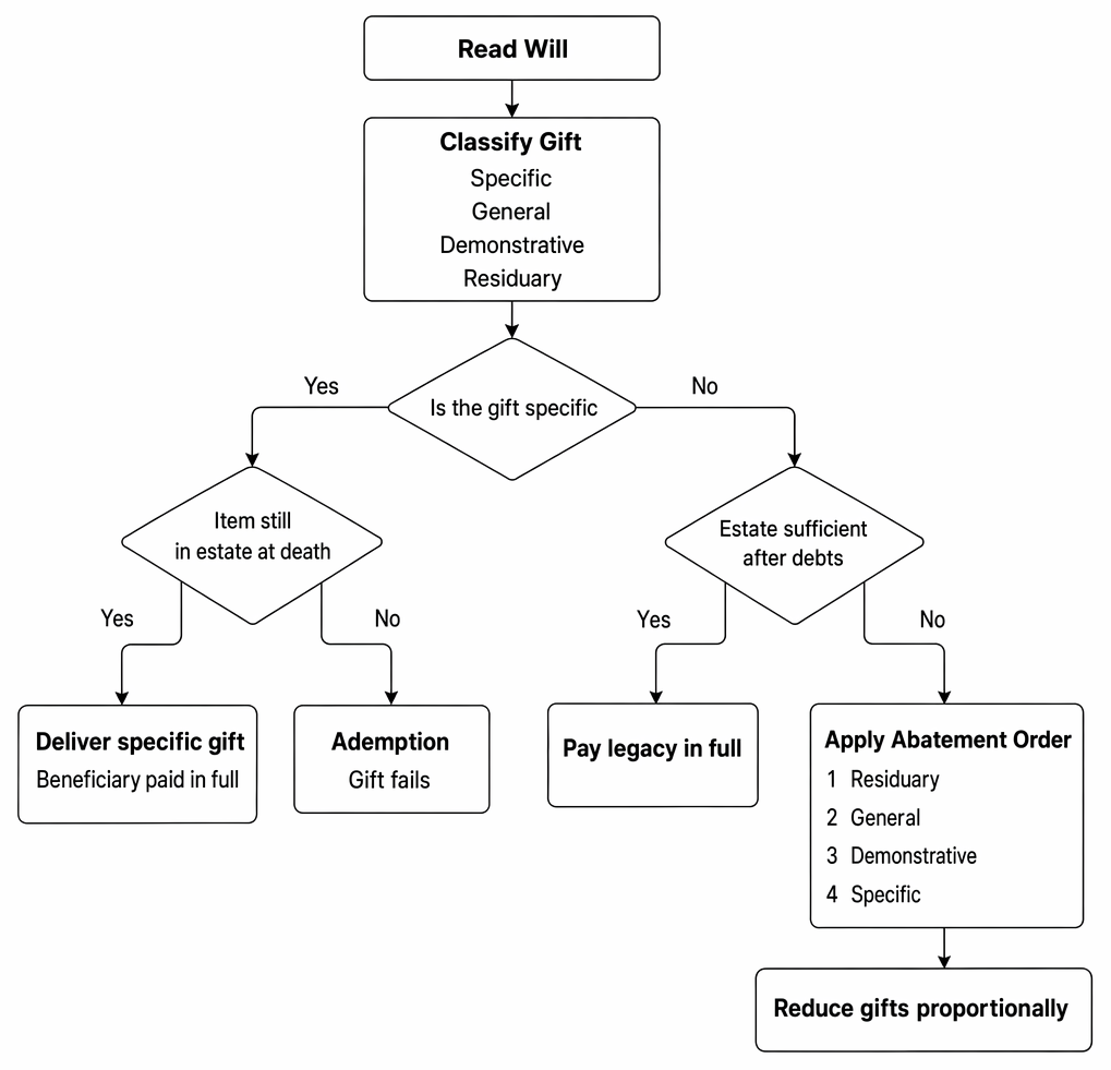 Classification of testamentary gifts and the application of ademption or abatement in estate administration.