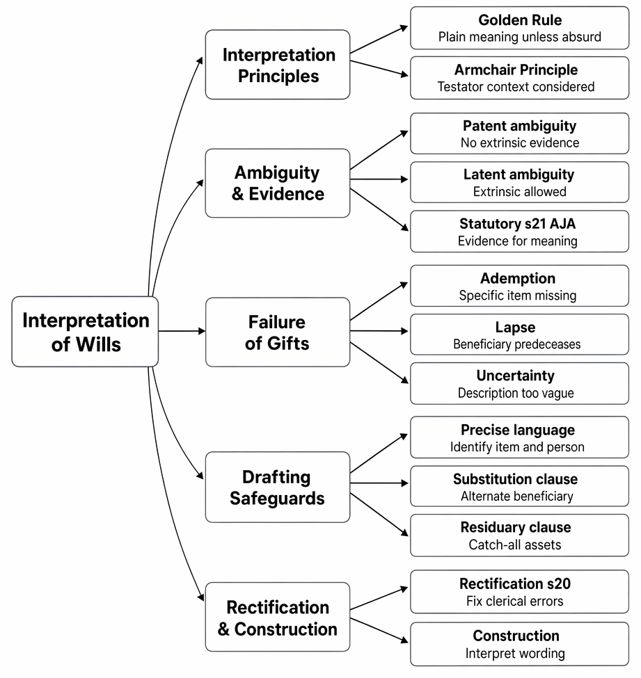 Interpretation of wills, ambiguity and extrinsic evidence, failure of gifts, drafting safeguards, construction, and rectification under AJA 1982.