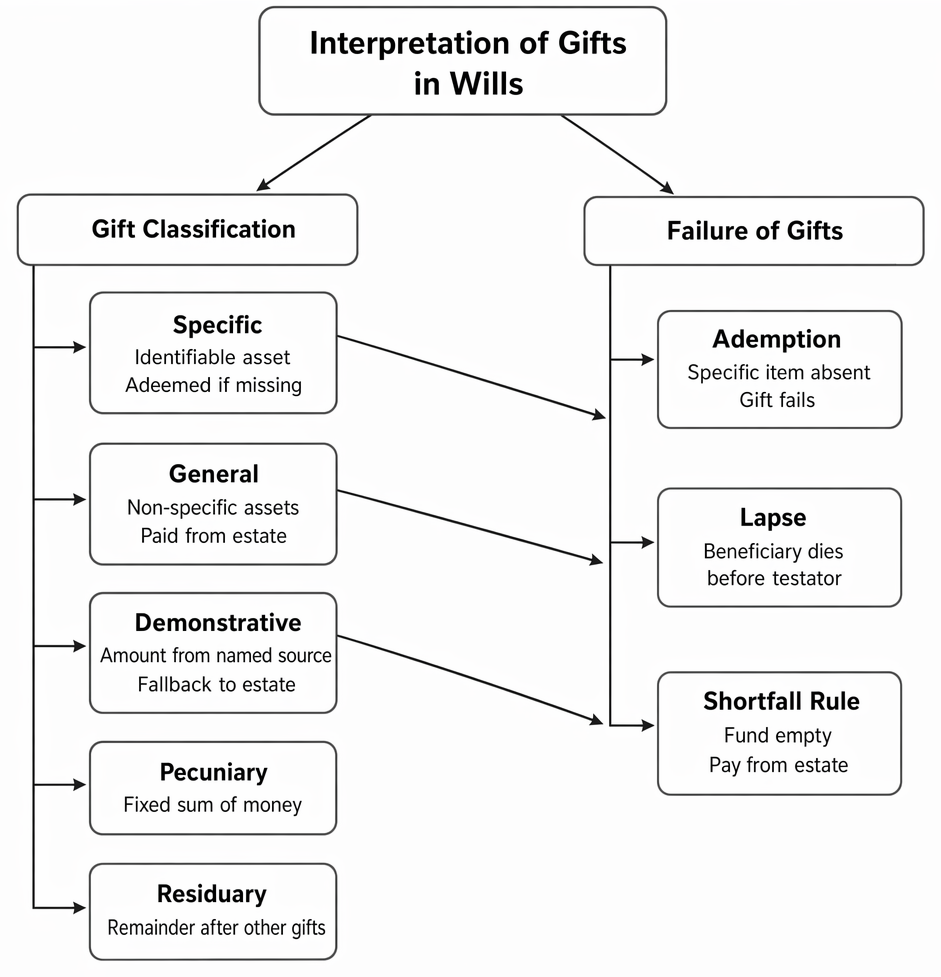 Classification of testamentary gifts and principal modes of failure in will interpretation: specific, general, demonstrative, pecuniary, residuary, ademption, lapse, and shortfall.
