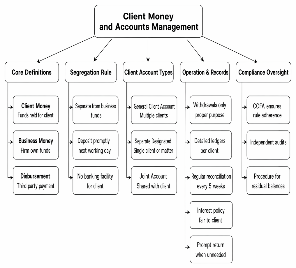 Client money and client account management under the SRA Accounts Rules, including definitions, segregation, account types, record-keeping and compliance oversight.